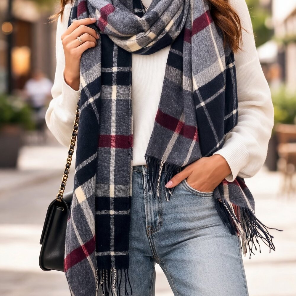 Zighilli One Size Plaid Fringe Scarf | 100% Acrylic | Stylish & Cozy
